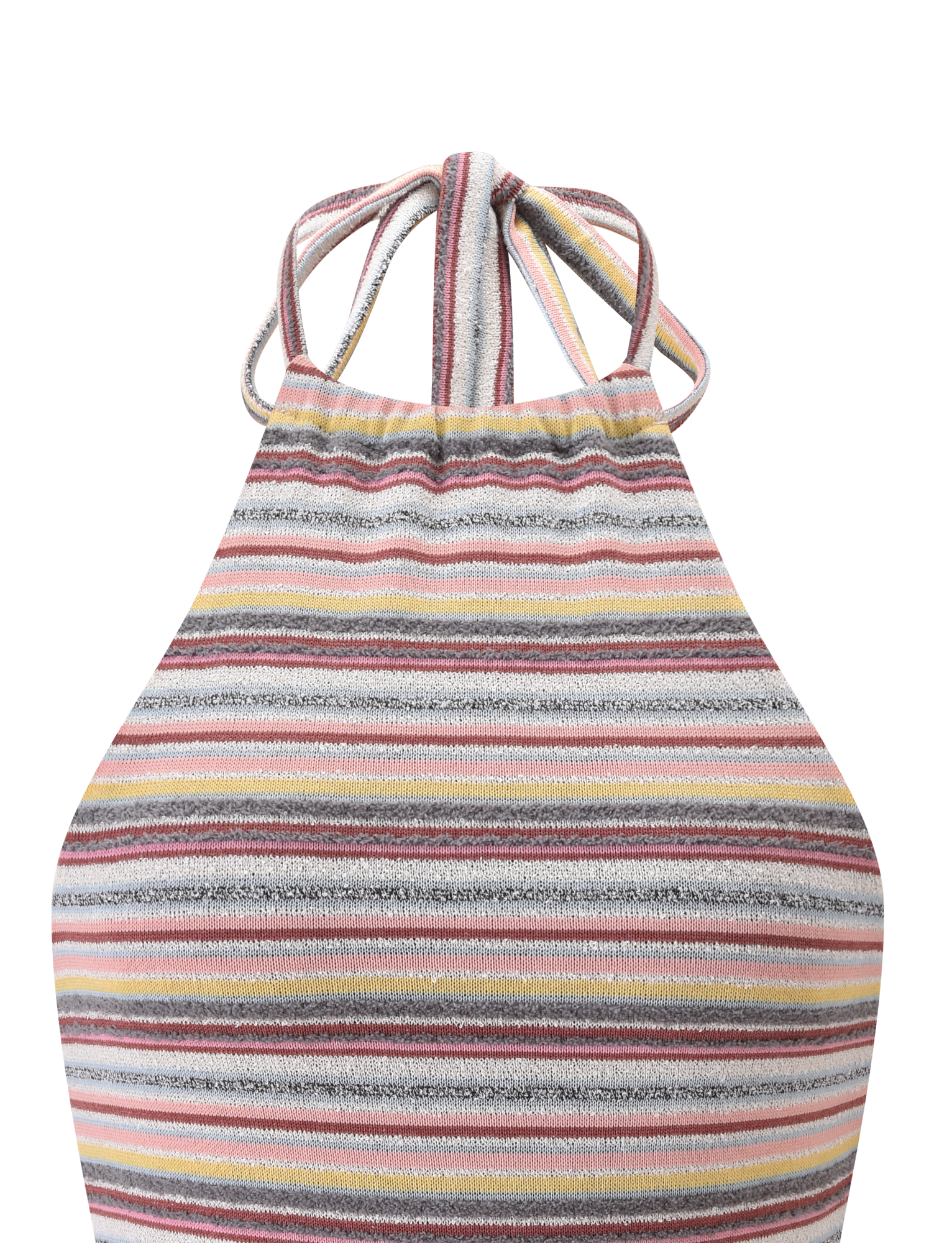 The DILLON TOP - MULTISTRIPE by TIGERMIST is a vibrant halter top with purple, yellow, white, pink, and gray horizontal stripes and adjustable neck straps—perfect for summer.