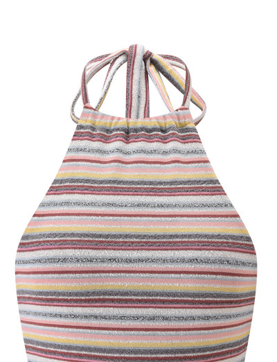 The DILLON TOP - MULTISTRIPE by TIGERMIST is a vibrant halter top with purple, yellow, white, pink, and gray horizontal stripes and adjustable neck straps—perfect for summer.
