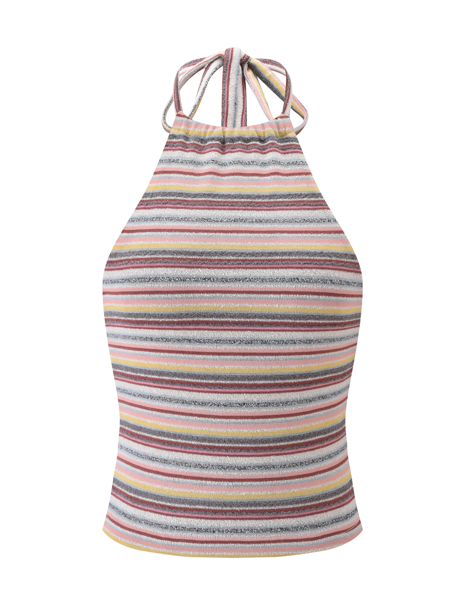 The DILLON TOP - MULTISTRIPE by TIGERMIST is a chic, fitted sleeveless halter with playful horizontal stripes in pink, yellow, grey, black, and white. It ties at the neck for a stylish look.