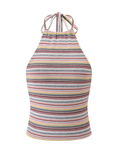 The DILLON TOP - MULTISTRIPE by TIGERMIST is a chic, fitted sleeveless halter with playful horizontal stripes in pink, yellow, grey, black, and white. It ties at the neck for a stylish look.