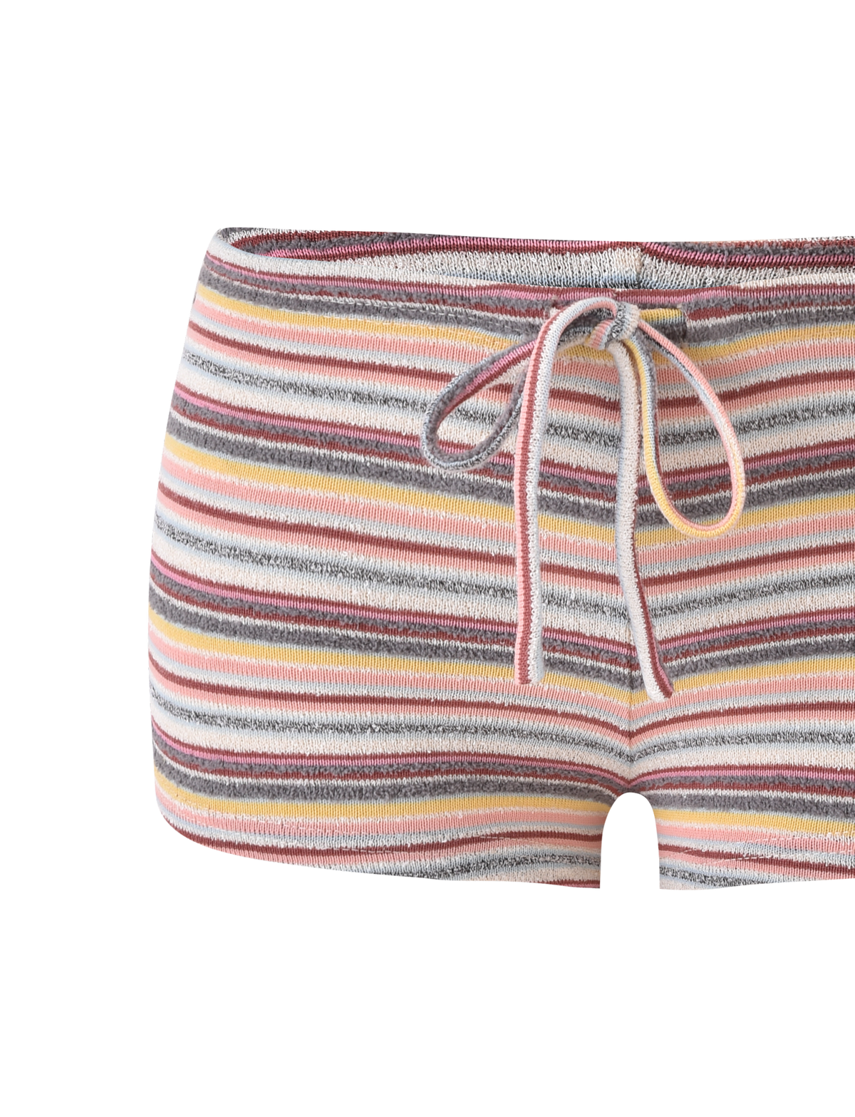 The TIGERMIST DILLON SHORT - MULTISTRIPE features a soft knit fabric with pink, yellow, gray, and white stripes, a relaxed fit, and a drawstring waistband. Shown on a plain white background, these shorts are perfect for everyday comfort.