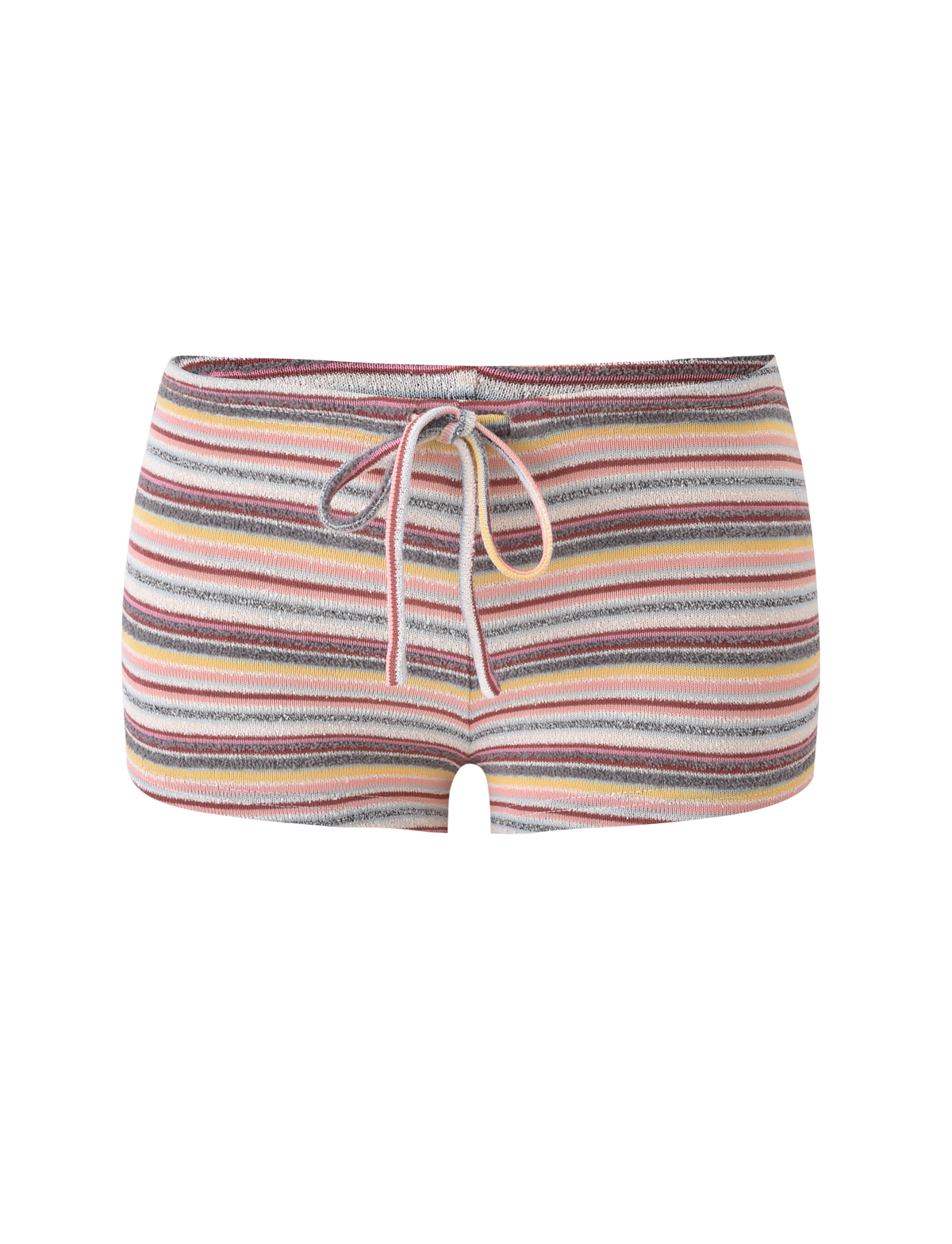The TIGERMIST DILLON SHORT - MULTISTRIPE features comfy everyday wear with a drawstring waistband and horizontal pink, yellow, gray, white, and orange stripes, shown on a plain white background.