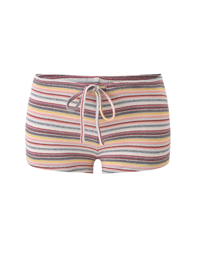 The TIGERMIST DILLON SHORT - MULTISTRIPE features comfy everyday wear with a drawstring waistband and horizontal pink, yellow, gray, white, and orange stripes, shown on a plain white background.