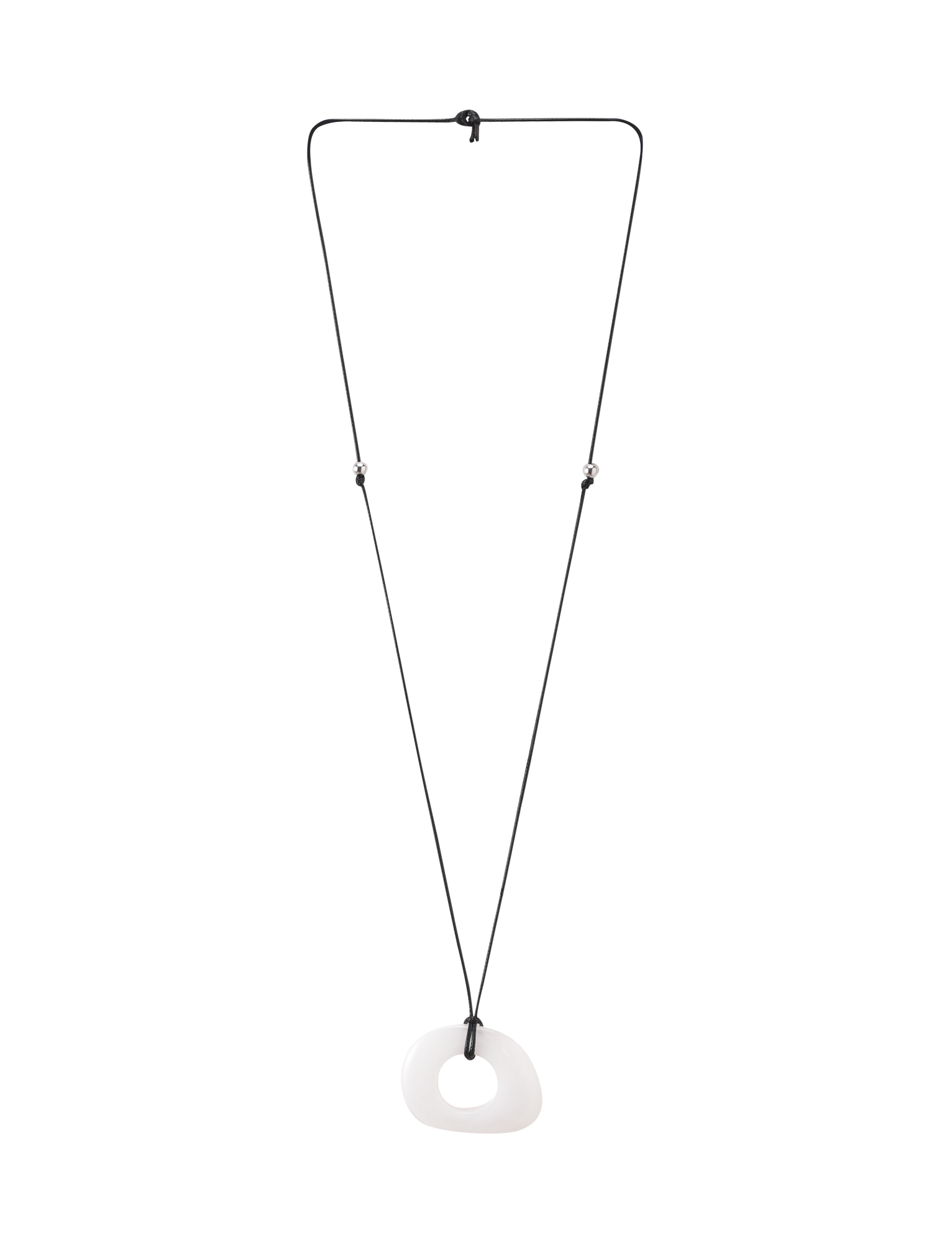 The AMYRA PENDANT NECKLACE - WHITE by TIGERMIST features a long adjustable cord and an irregular white clear resin pendant with a central hole, showcased on a plain white background.