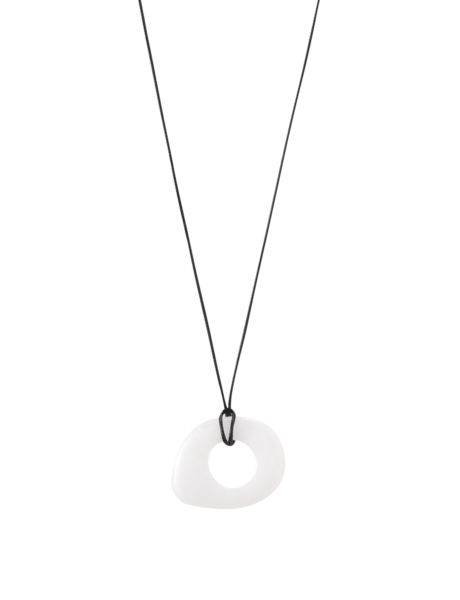 The TIGERMIST AMYRA PENDANT NECKLACE - WHITE features a minimalist design with a black adjustable cord and an irregular white donut-shaped pendant, shown on a plain white background.