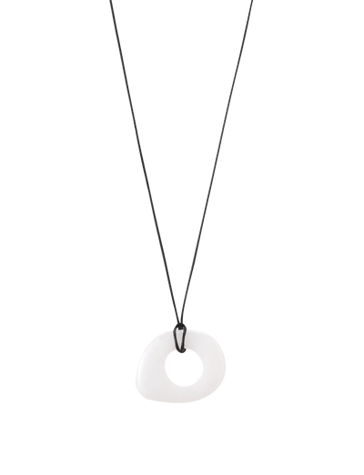 The TIGERMIST AMYRA PENDANT NECKLACE - WHITE features a minimalist design with a black adjustable cord and an irregular white donut-shaped pendant, shown on a plain white background.
