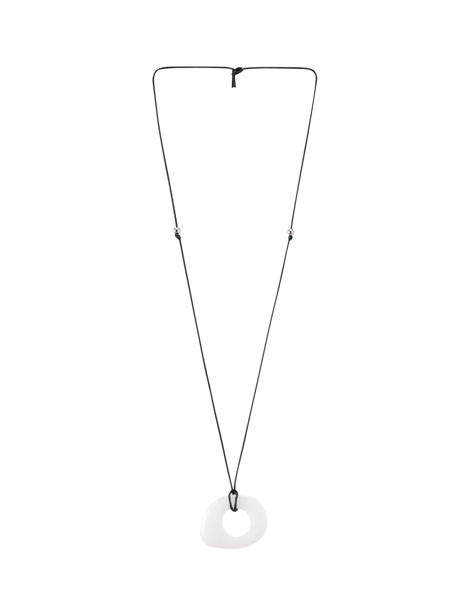 The TIGERMIST AMYRA PENDANT NECKLACE - WHITE features a minimalist adjustable black cord with a smooth, irregular white pendant at the center, drawing attention to its unique design against a plain background.