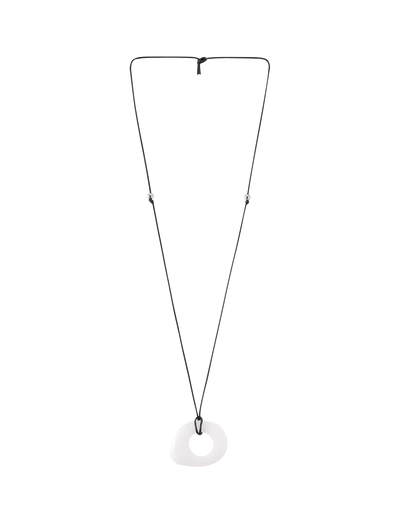 The TIGERMIST AMYRA PENDANT NECKLACE - WHITE features a minimalist adjustable black cord with a smooth, irregular white pendant at the center, drawing attention to its unique design against a plain background.