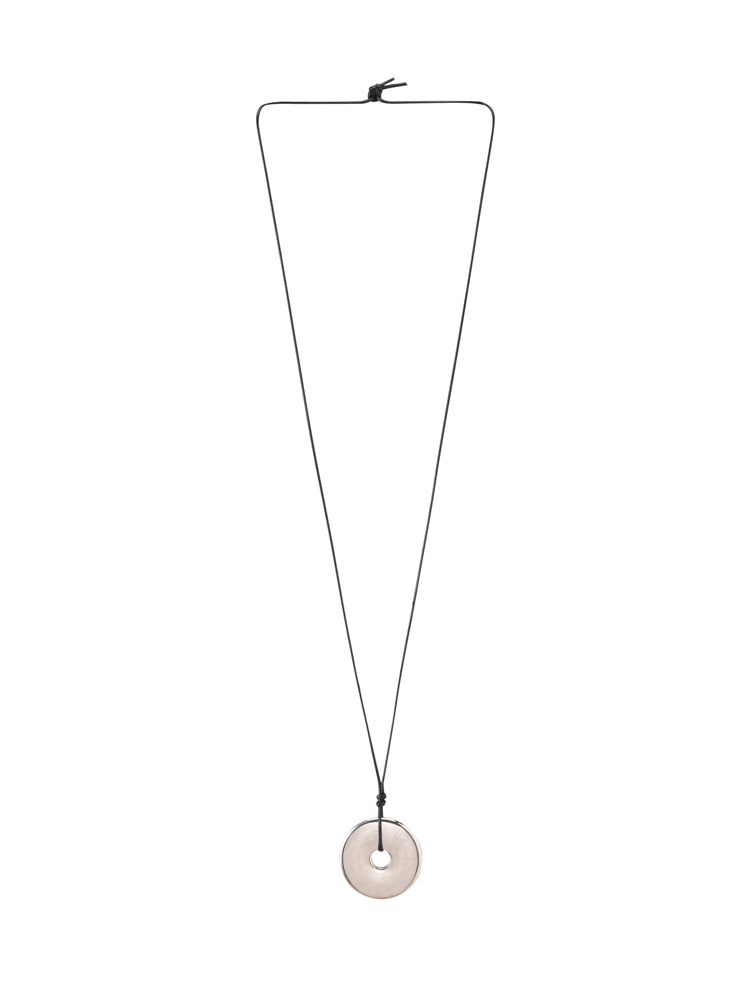 The TIGERMIST AIFE PENDANT NECKLACE - SILVER features a minimalist design with a black adjustable cord and a circular flat silver pendant with a central hole, shown on a white background.