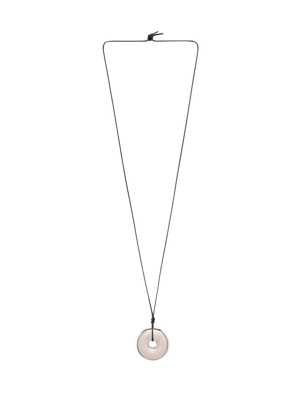 The TIGERMIST AIFE PENDANT NECKLACE - SILVER features a minimalist design with a black adjustable cord and a circular flat silver pendant with a central hole, shown on a white background.