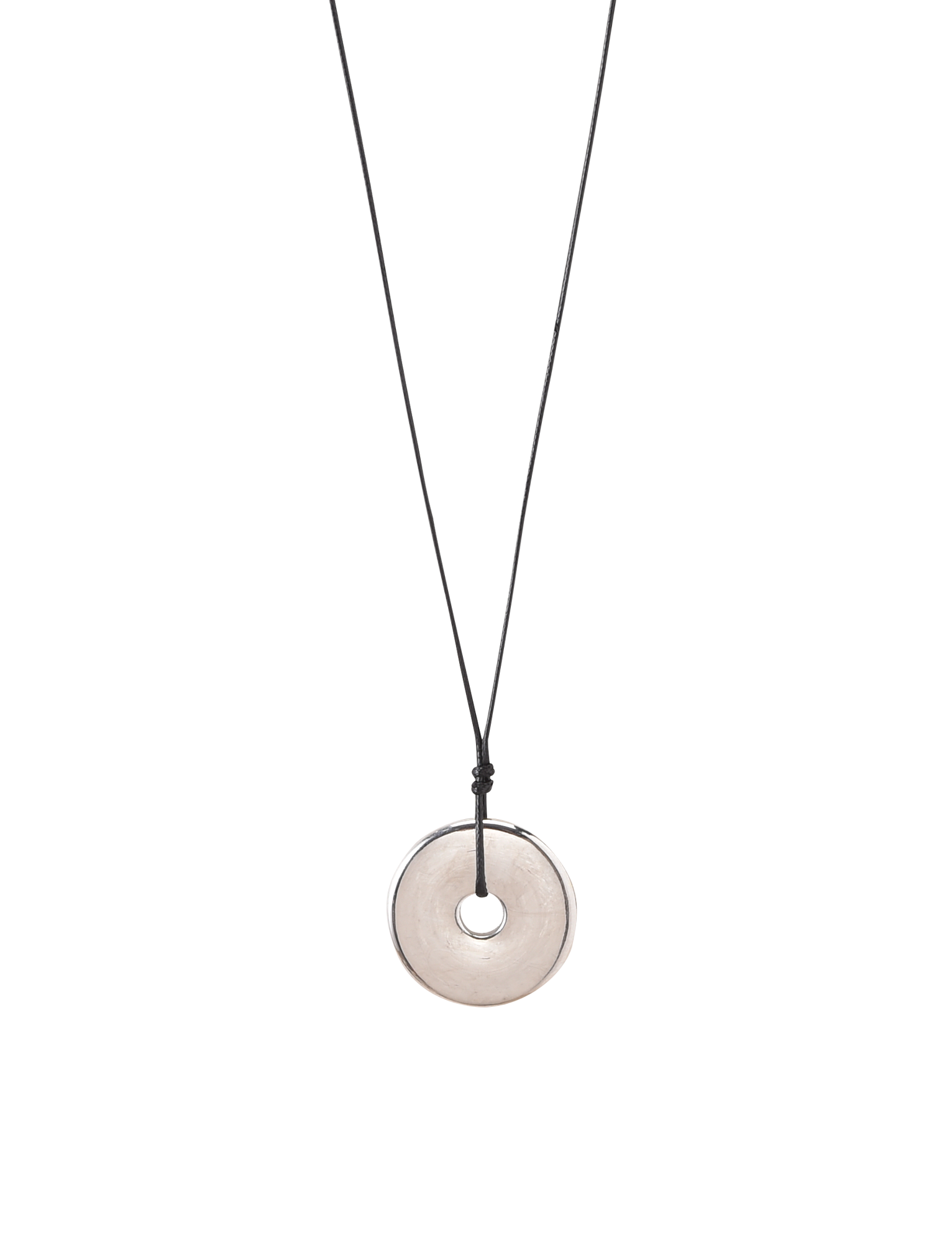 The TIGERMIST AIFE PENDANT NECKLACE - SILVER features a minimalist black adjustable cord and a translucent circular pendant with a central hole, displayed on a plain white background.