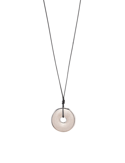 The TIGERMIST AIFE PENDANT NECKLACE - SILVER features a minimalist black adjustable cord and a translucent circular pendant with a central hole, displayed on a plain white background.