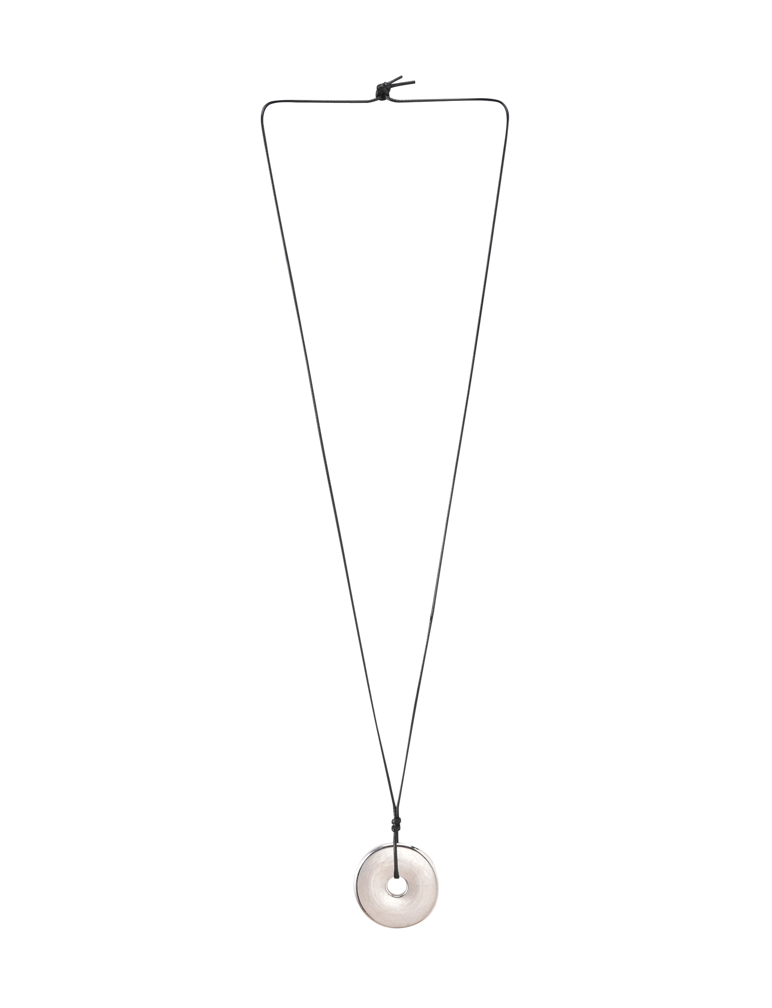 The TIGERMIST AIFE PENDANT NECKLACE - SILVER features a minimalist design with an adjustable black cord and a round, flat silver pendant with a central hole. The knotted cord allows for easy length adjustment.
