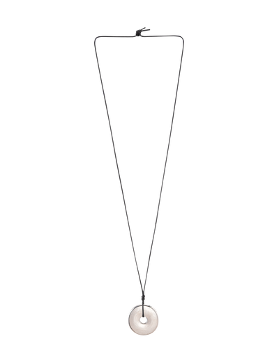 The TIGERMIST AIFE PENDANT NECKLACE - SILVER features a minimalist design with an adjustable black cord and a round, flat silver pendant with a central hole. The knotted cord allows for easy length adjustment.