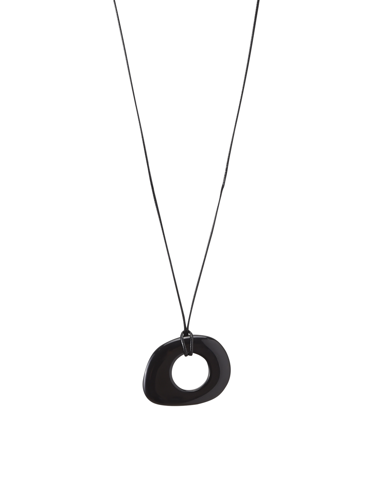 The FAELLA PENDANT NECKLACE - BLACK by TIGERMIST is a minimalist piece featuring a black cord and an asymmetrical, hollow oval resin pendant, shown against a plain white background.