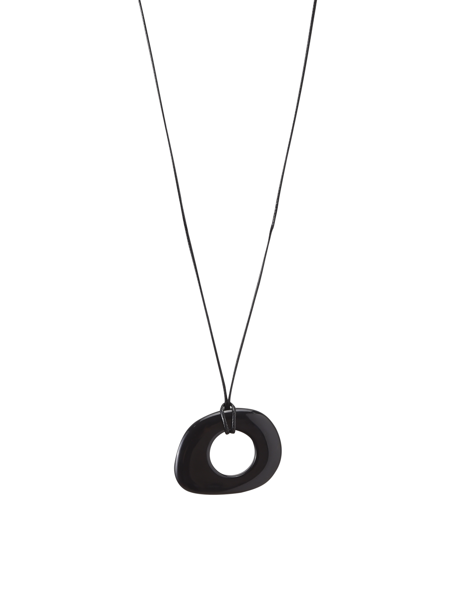 The FAELLA PENDANT NECKLACE - BLACK by TIGERMIST is a minimalist piece featuring a black cord and an asymmetrical, hollow oval resin pendant, shown against a plain white background.