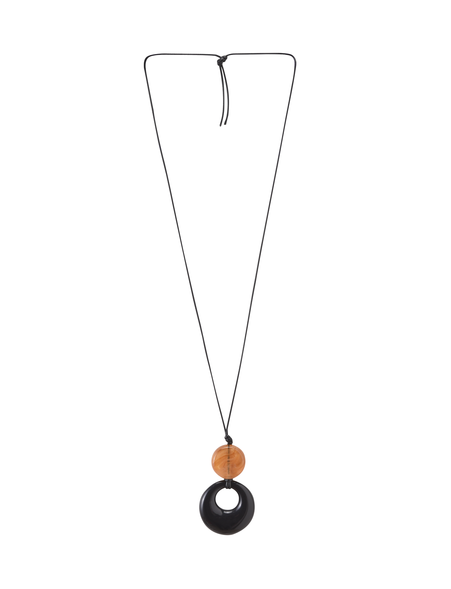 The BREYA PENDANT NECKLACE - TAN by TIGERMIST features a minimalist design with a round tortoiseshell bead above a larger black resin pendant, both elegantly hanging from a slim black cord.