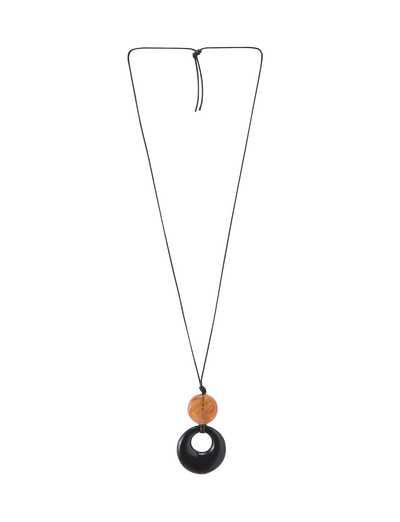 The BREYA PENDANT NECKLACE - TAN by TIGERMIST features a minimalist design with a round tortoiseshell bead above a larger black resin pendant, both elegantly hanging from a slim black cord.