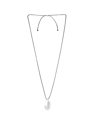 The TIGERMIST ERRIS PENDANT NECKLACE - CREAM features a minimalist design with a thin black cord and an oval, translucent white pendant. This adjustable necklace is shown on a plain light gray background.