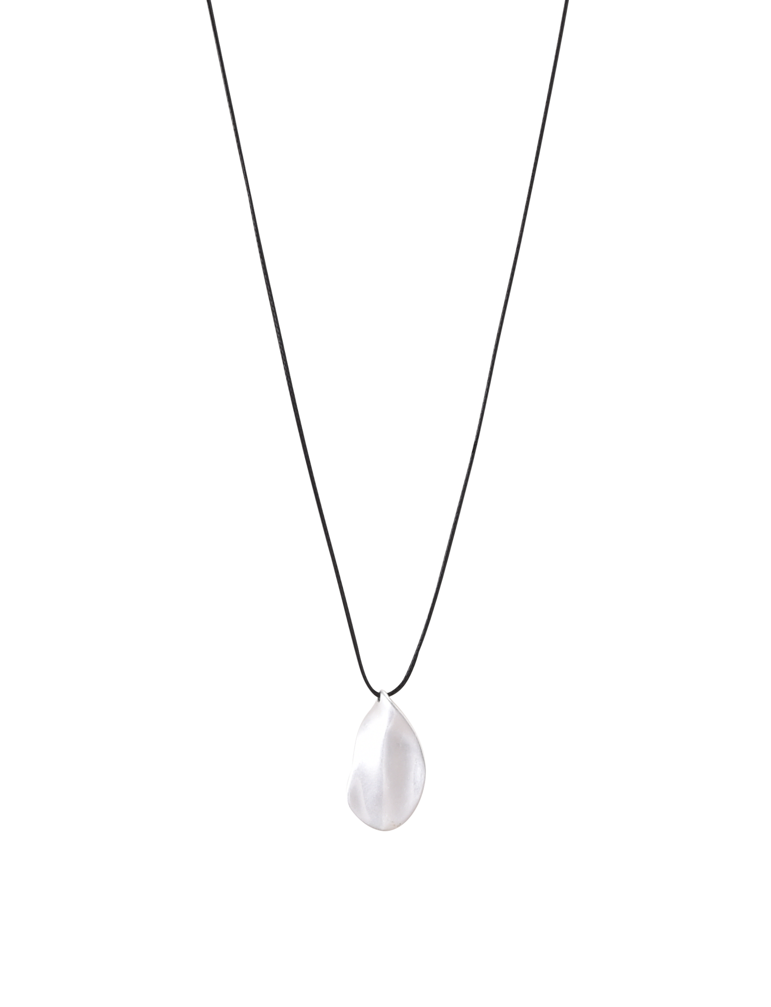 The TIGERMIST ERRIS PENDANT NECKLACE - CREAM features a minimalist design with a thin black cord and an irregular silver leaf pendant at the center, offering adjustable effortless elegance for any style—perfect against a plain white background.