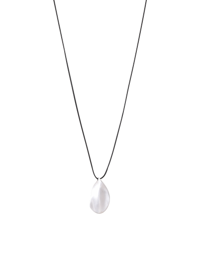 The TIGERMIST ERRIS PENDANT NECKLACE - CREAM features a minimalist design with a thin black cord and an irregular silver leaf pendant at the center, offering adjustable effortless elegance for any style—perfect against a plain white background.