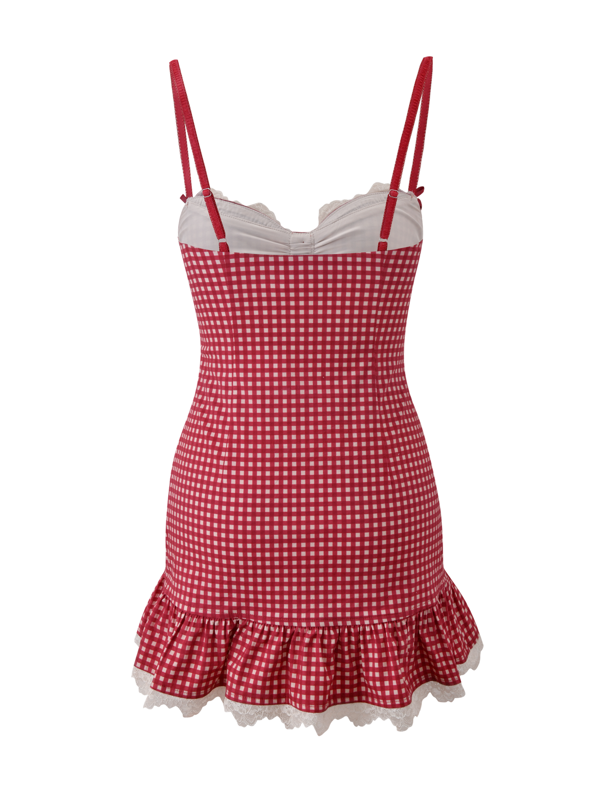 The EMMALINE MINI DRESS by TIGERMIST features a red gingham print, spaghetti straps, a fitted bodice, drop waist, and a ruffled hem trimmed with white lace for a playful vintage-inspired look.