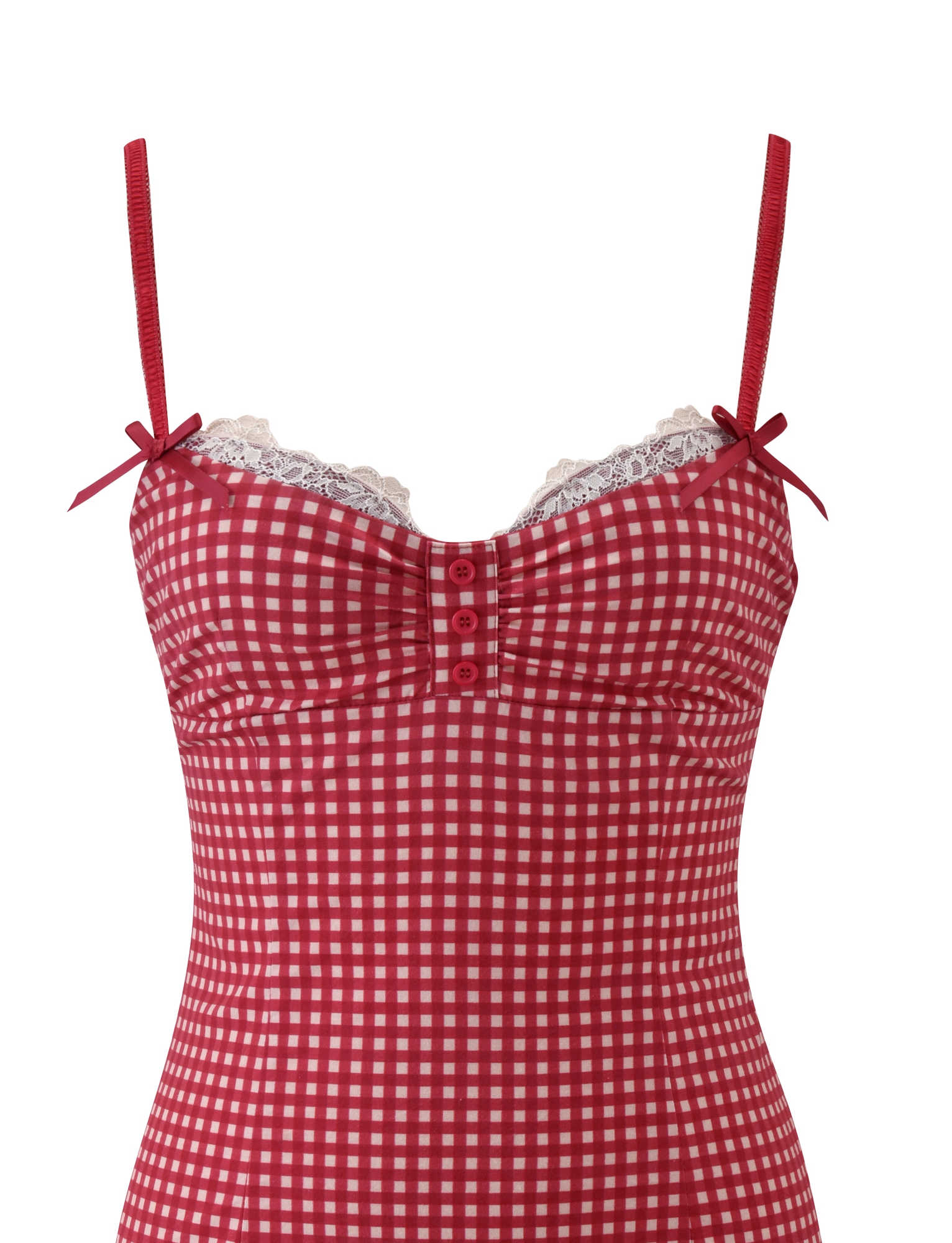 The EMMALINE MINI DRESS by TIGERMIST features a sleeveless red gingham print, spaghetti straps with cute bows, lace-trimmed neckline, and front buttons—a playful drop waist mini perfect for summer.