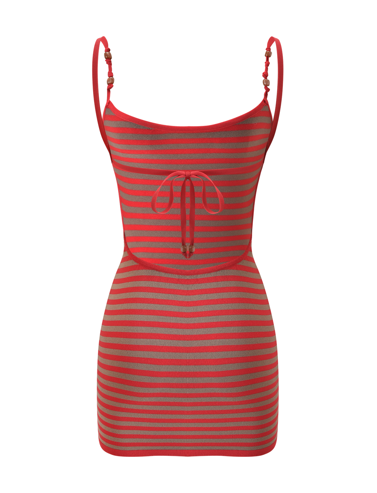 The TIGERMIST REVERIE KNIT BEADED MINI DRESS - RED MUSHROOM STRIPE features red and gray horizontal stripes, thin beaded singlet straps, a front chest tie detail, and a bodycon fit. Shown on a plain white background.