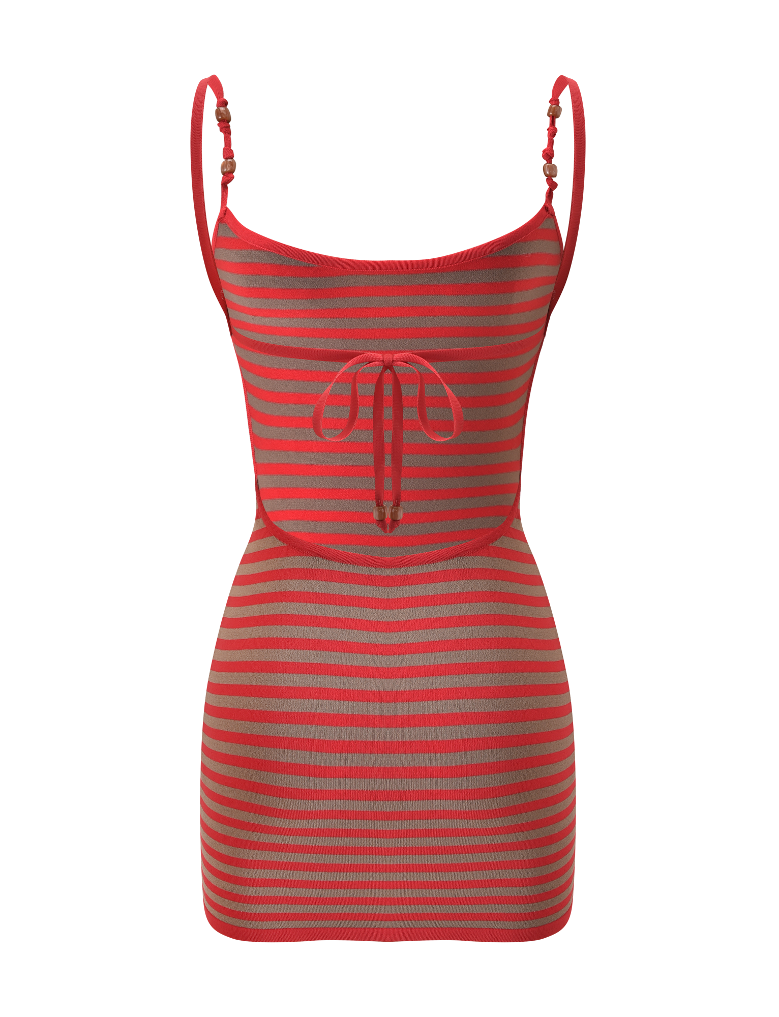The TIGERMIST REVERIE KNIT BEADED MINI DRESS - RED MUSHROOM STRIPE features red and gray horizontal stripes, thin beaded singlet straps, a front chest tie detail, and a bodycon fit. Shown on a plain white background.