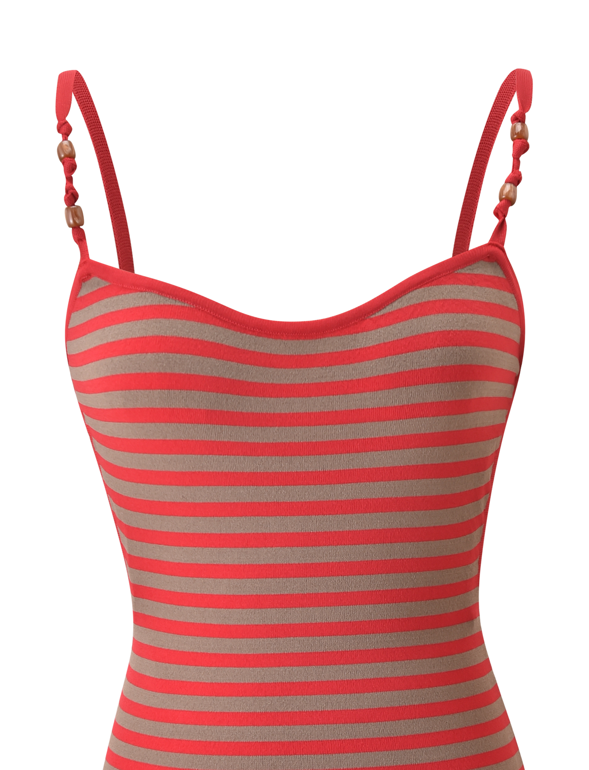 A close-up of the REVERIE KNIT BEADED MINI DRESS by TIGERMIST, featuring thin red and beige stripes with red beaded singlet straps accented by small wooden beads.