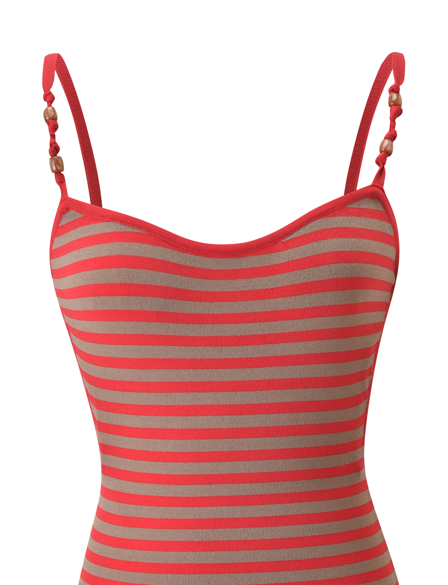 A close-up of the REVERIE KNIT BEADED MINI DRESS by TIGERMIST, featuring thin red and beige stripes with red beaded singlet straps accented by small wooden beads.