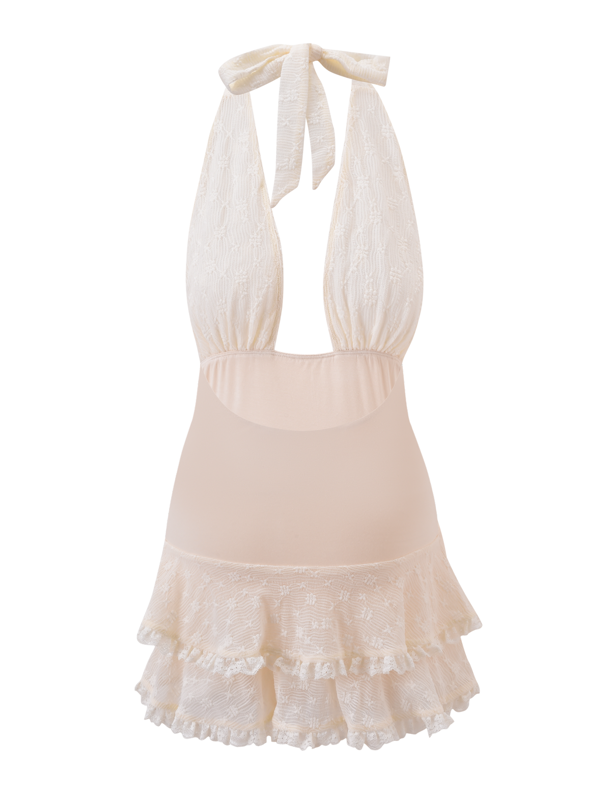 The ANOUK RUFFLE MINI DRESS by TIGERMIST features a cream halter neck, deep V neckline, ruched bodice, and layered lace ruffle skirt with delicate lace detailing for an elegant look.