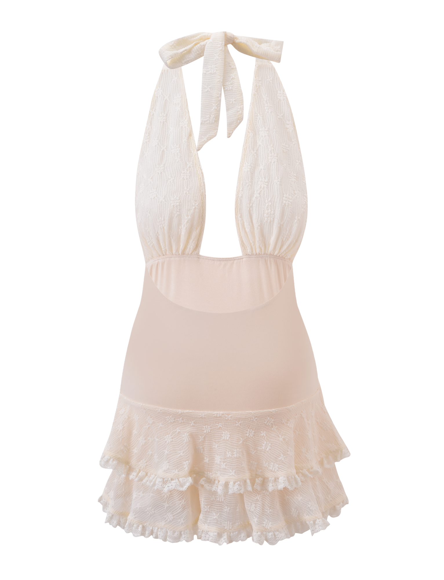 The ANOUK RUFFLE MINI DRESS by TIGERMIST features a cream halter neck, deep V neckline, ruched bodice, and layered lace ruffle skirt with delicate lace detailing for an elegant look.