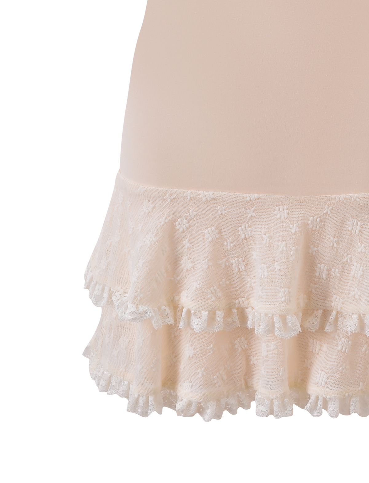 Close-up of the TIGERMIST ANOUK RUFFLE MINI DRESS in cream, featuring a floral lace pattern and scalloped edges, displayed on a mannequin or model against a plain white background.