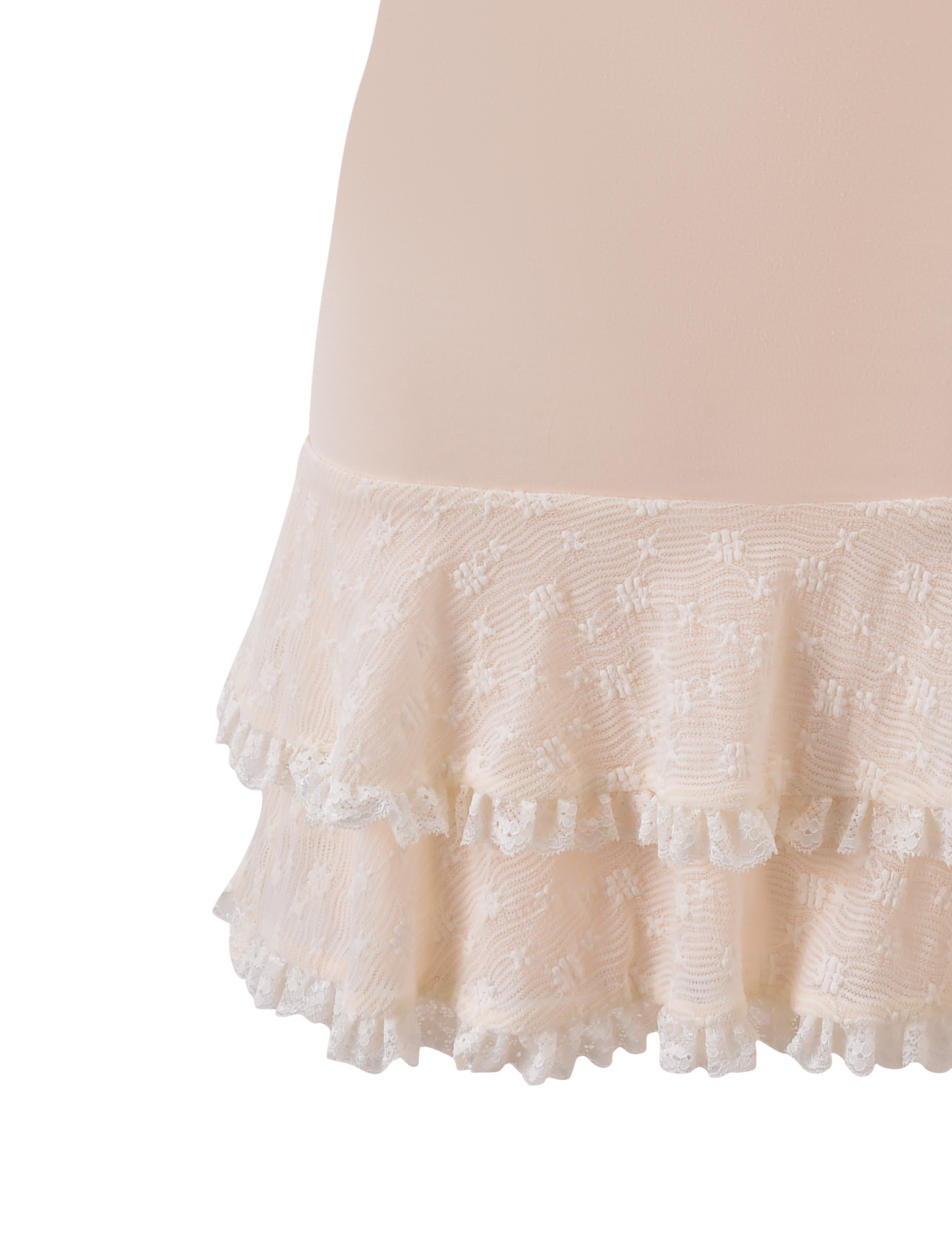 Close-up of the TIGERMIST ANOUK RUFFLE MINI DRESS in cream, featuring a floral lace pattern and scalloped edges, displayed on a mannequin or model against a plain white background.