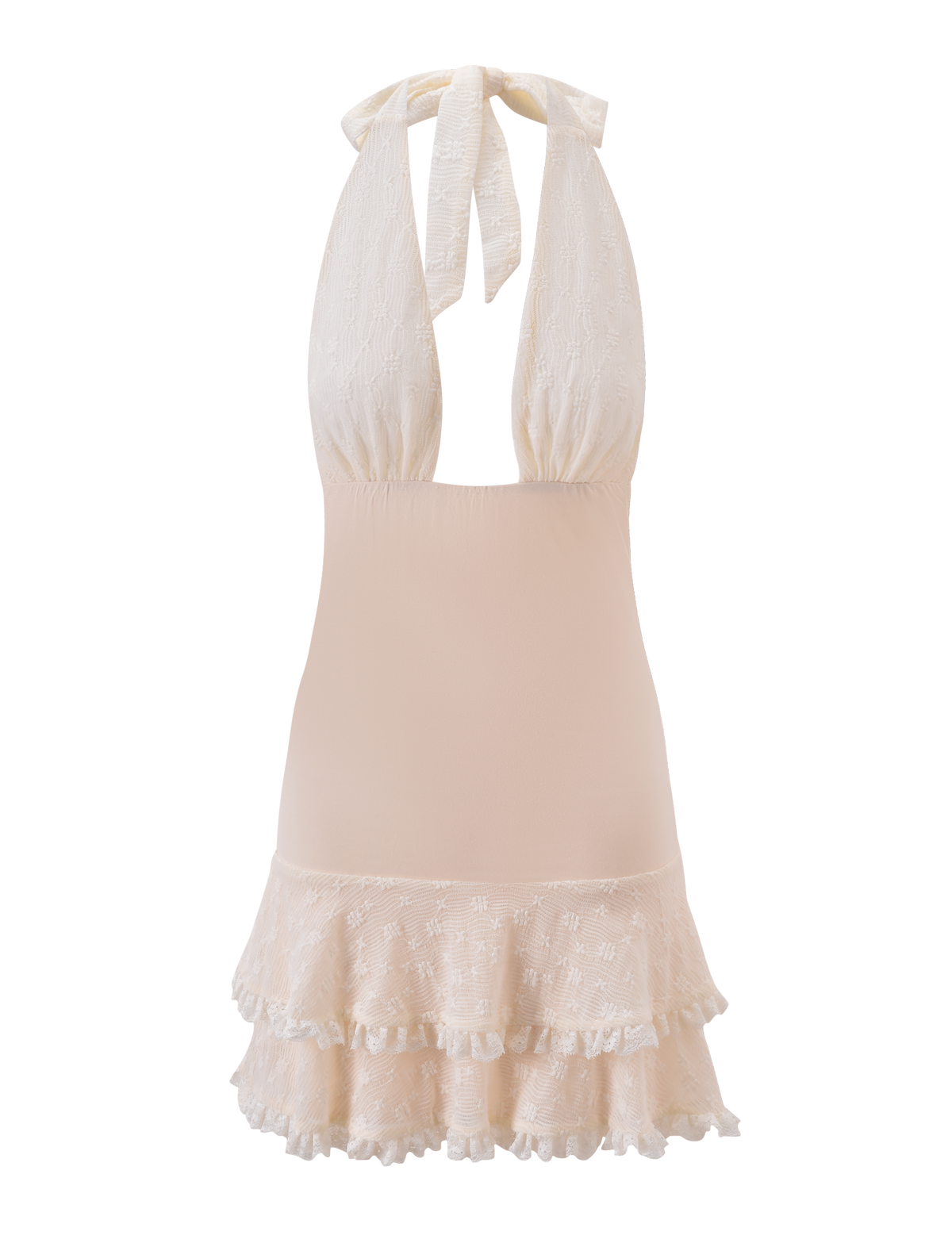 The TIGERMIST ANOUK RUFFLE MINI DRESS in cream features a sleeveless, halter neckline with tie-back straps and a tiered lace ruffle skirt. Its delicate floral lace fabric adds effortless elegance to this mini dress.