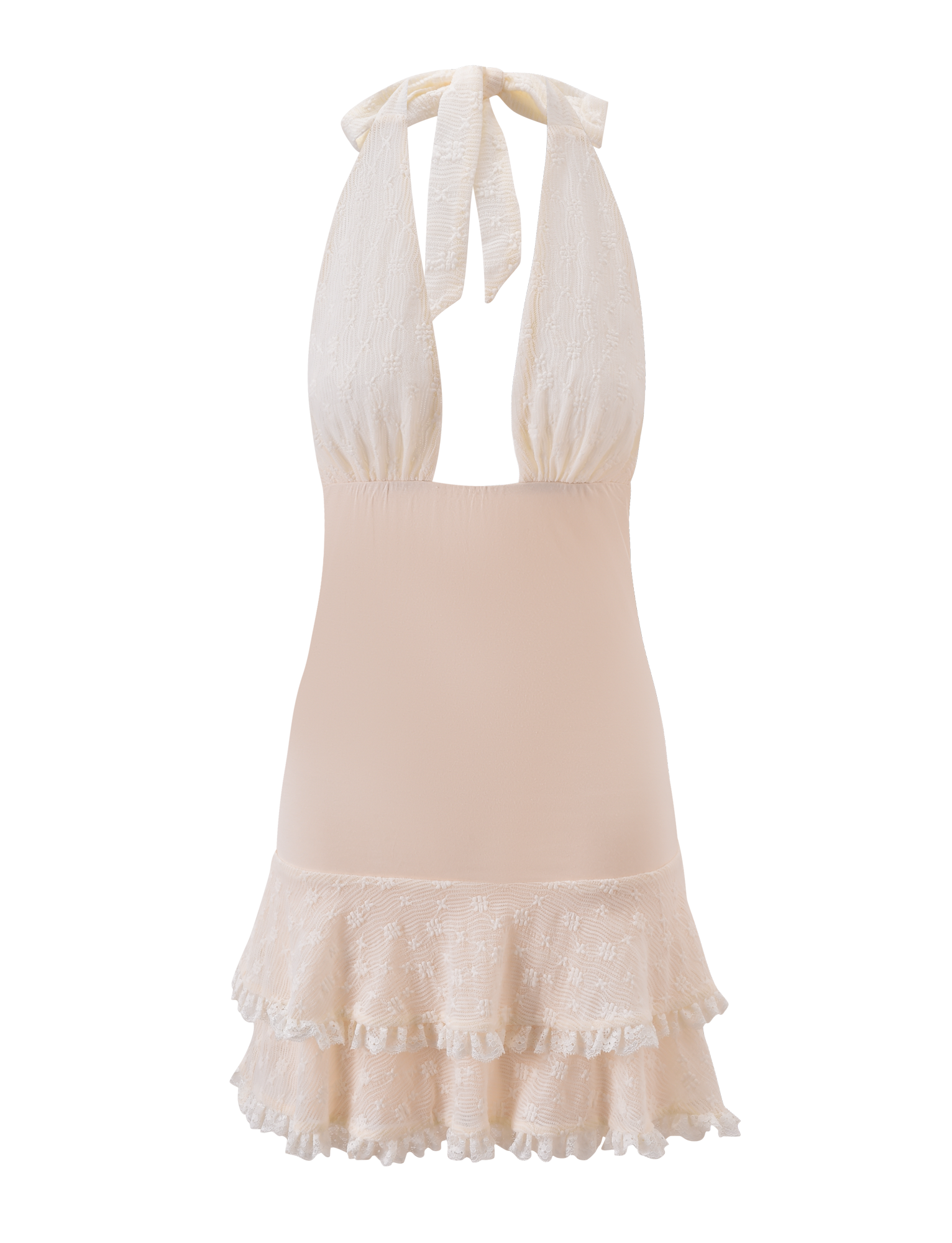 The TIGERMIST ANOUK RUFFLE MINI DRESS in cream features a sleeveless, halter neckline with tie-back straps and a tiered lace ruffle skirt. Its delicate floral lace fabric adds effortless elegance to this mini dress.