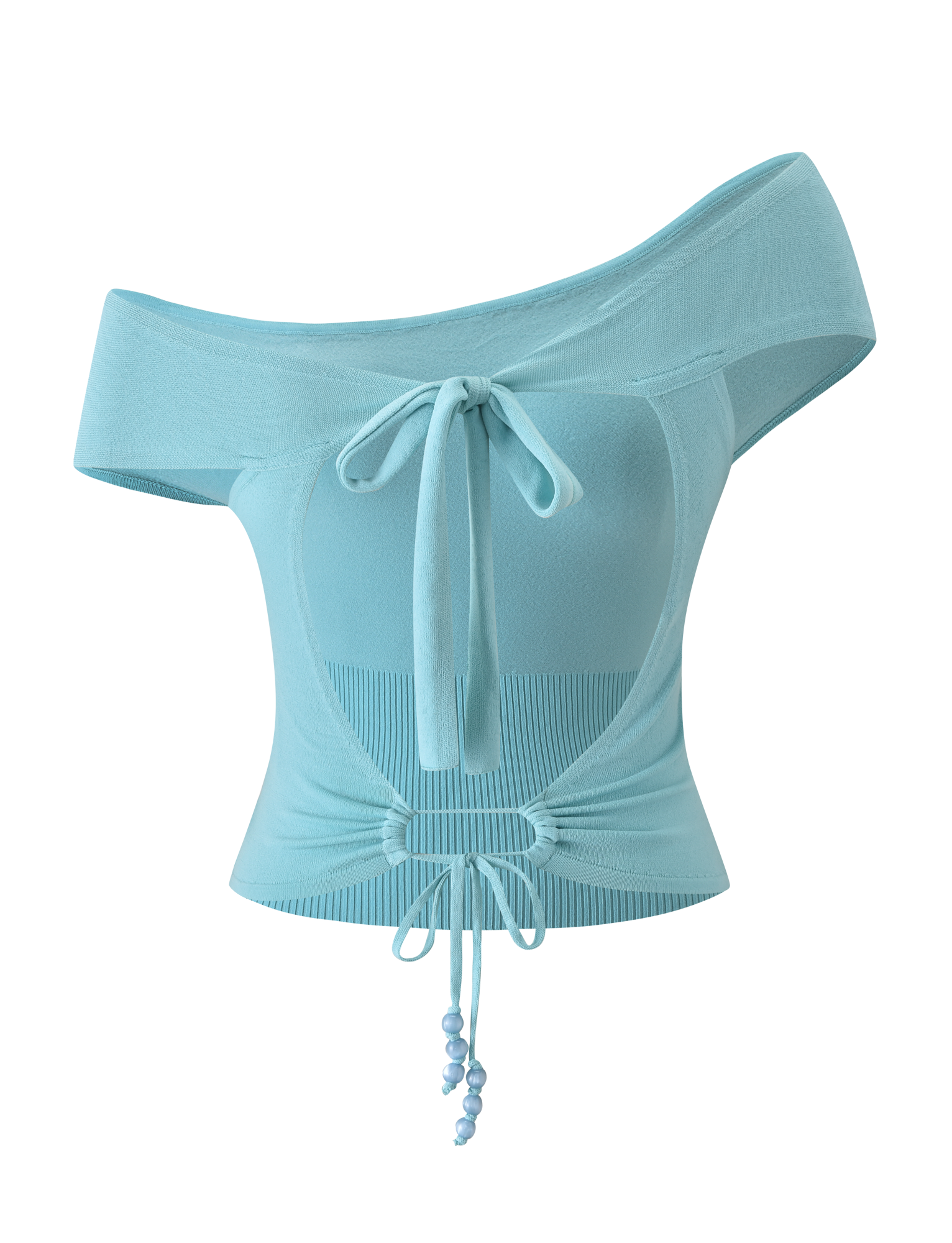 The JASMINA KNIT TOP - BLUE by TIGERMIST is a light blue off-shoulder knit top with a front chest tie, adjustable beaded drawstring waist, and ribbed plus smooth fabric panels for texture.