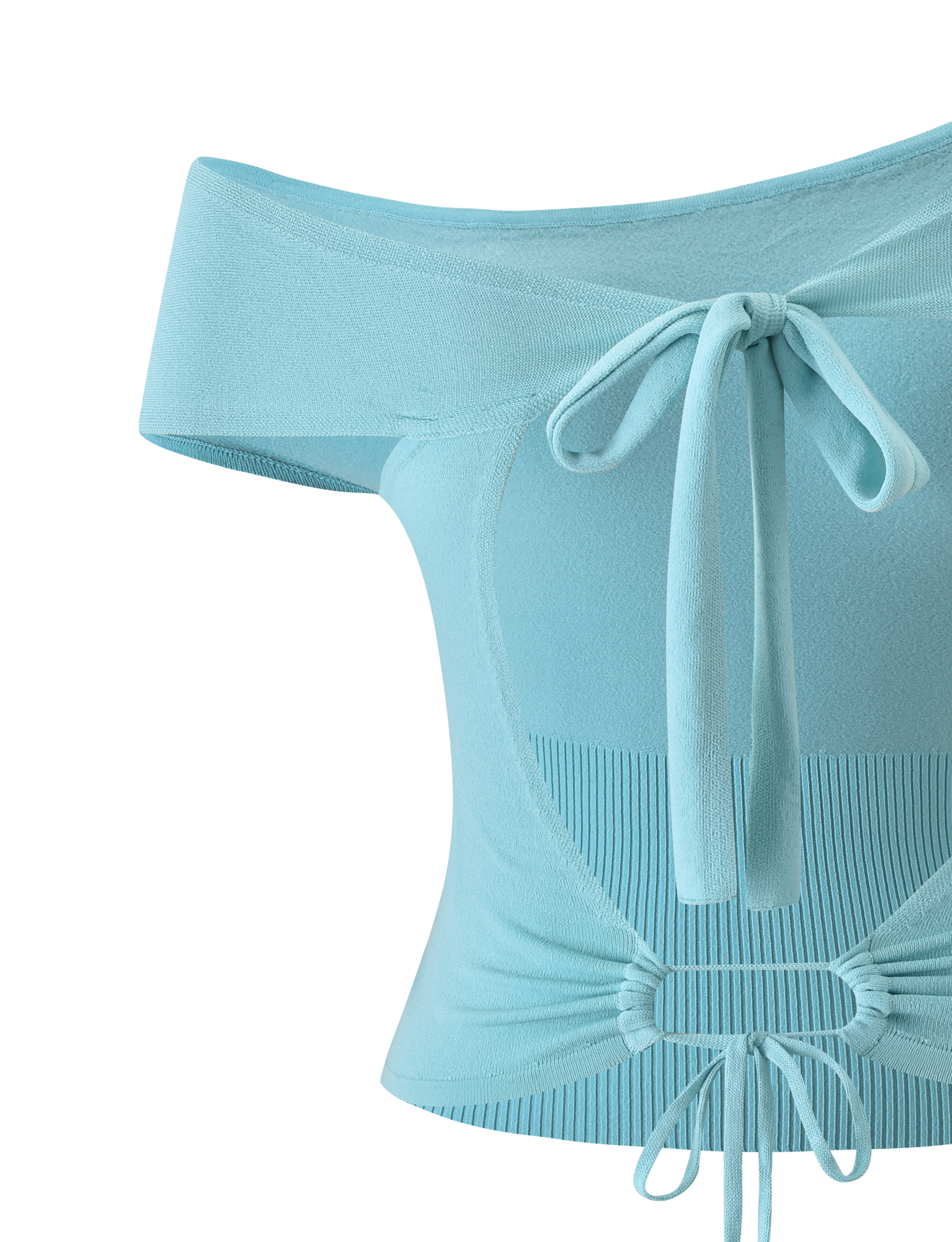 The JASMINA KNIT TOP by TIGERMIST is a light blue off-shoulder ribbed knit with a sweetheart neckline, featuring stylish front and bottom ties, shown against a white background.