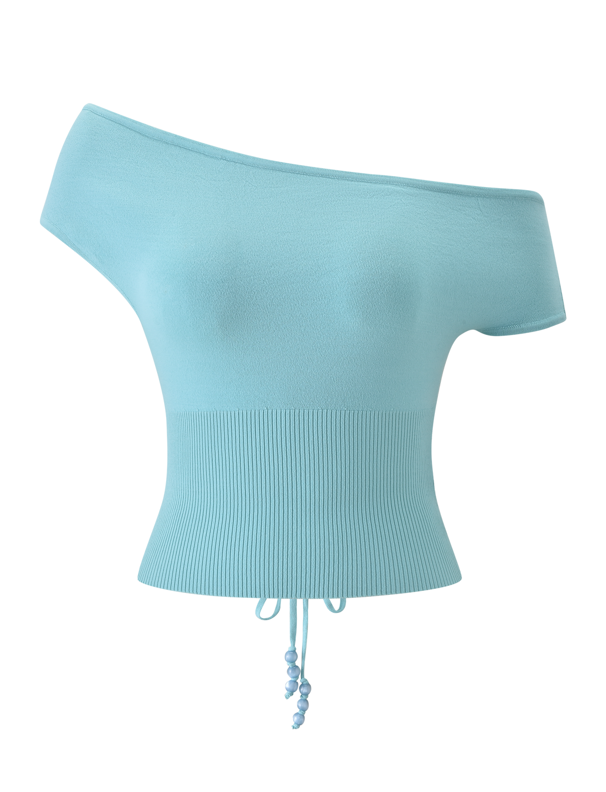 The TIGERMIST JASMINA KNIT TOP - BLUE is a modern, off-shoulder ribbed knit with a fitted waist and decorative beaded drawstring at the front, offering a simple yet chic style.