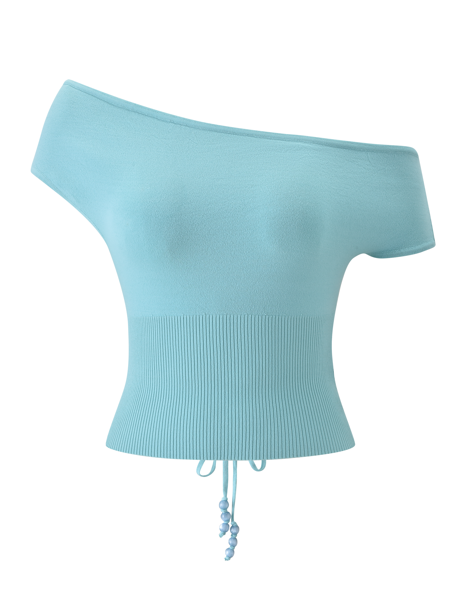 The TIGERMIST JASMINA KNIT TOP - BLUE is a modern, off-shoulder ribbed knit with a fitted waist and decorative beaded drawstring at the front, offering a simple yet chic style.