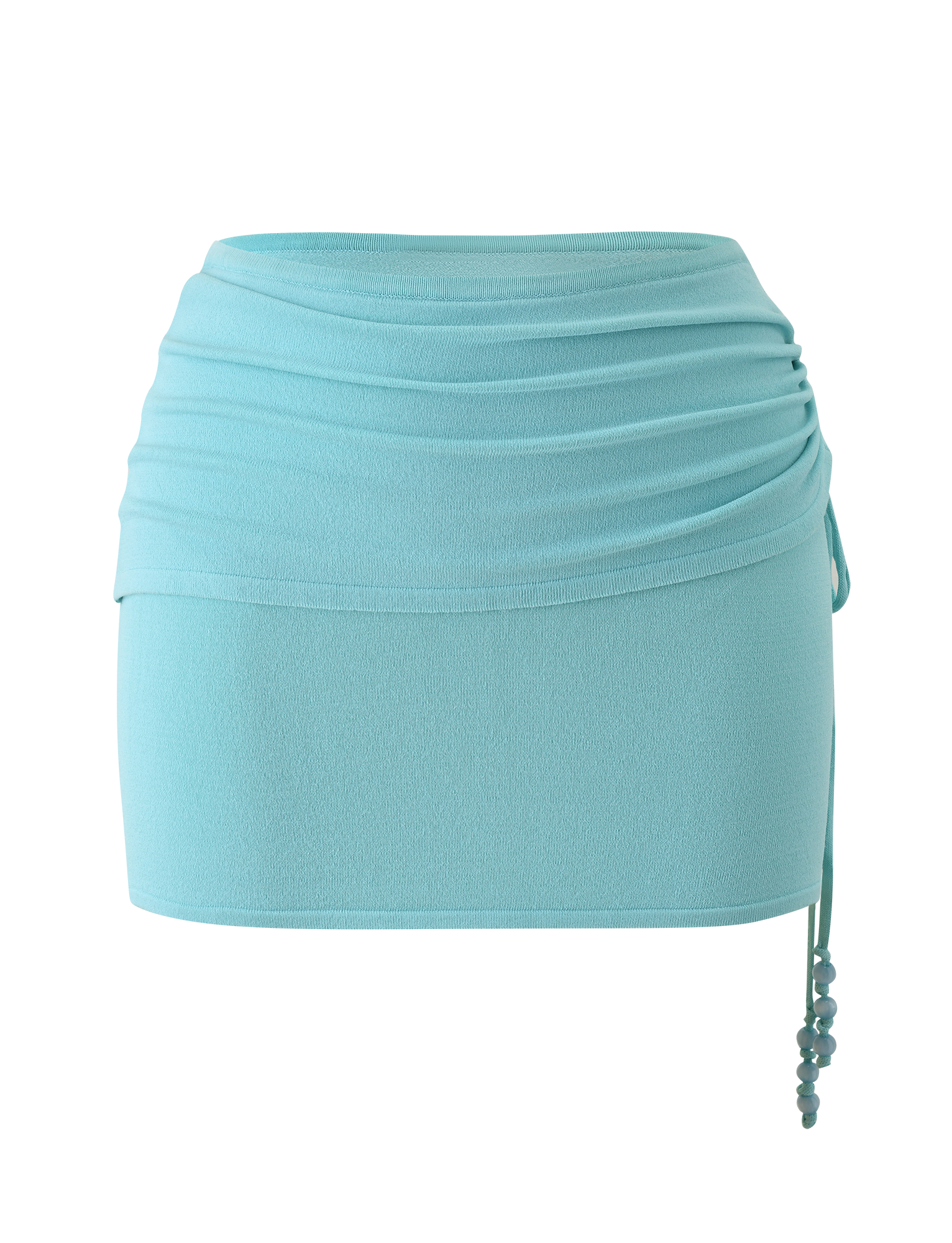 The JASMINA KNIT MINI SKIRT - BLUE by TIGERMIST features a ruched waistband and a beaded side drawstring, shown against a plain white background.