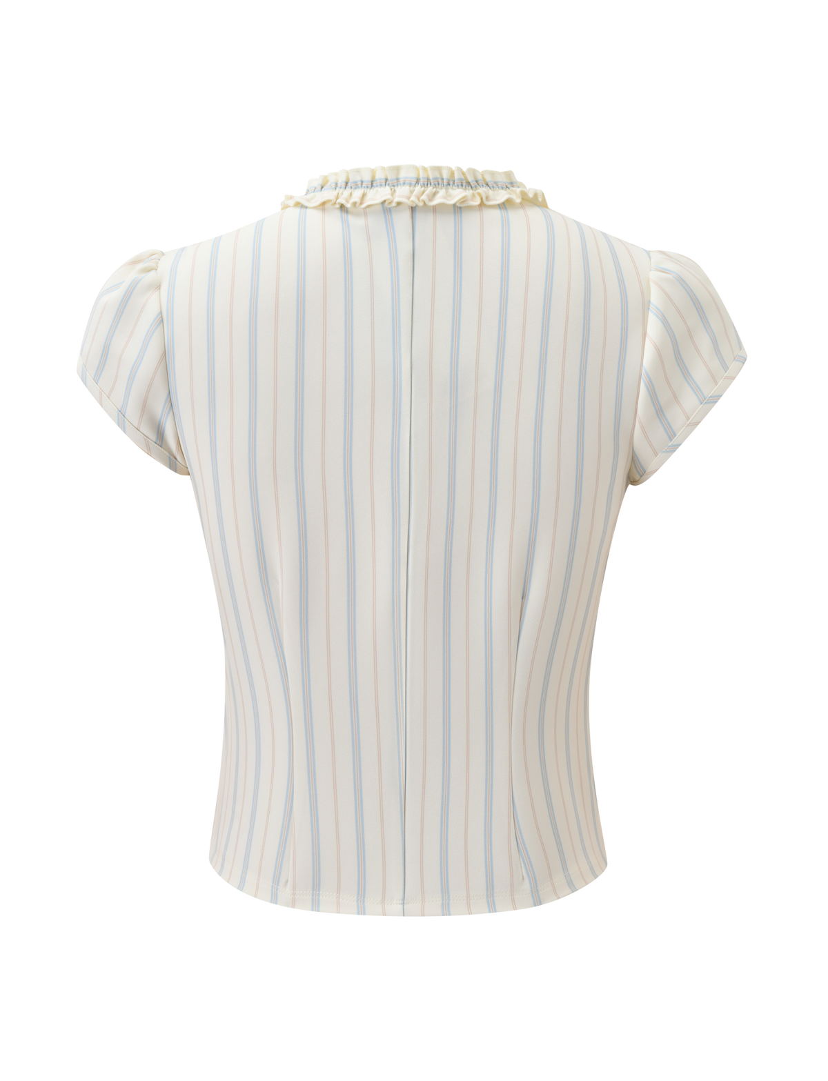 Back view of the TIGERMIST VALERIE RUFFLE TOP - STRIPE, a short-sleeved cream top with light blue and beige vertical pinstripes and a ruffled collar.