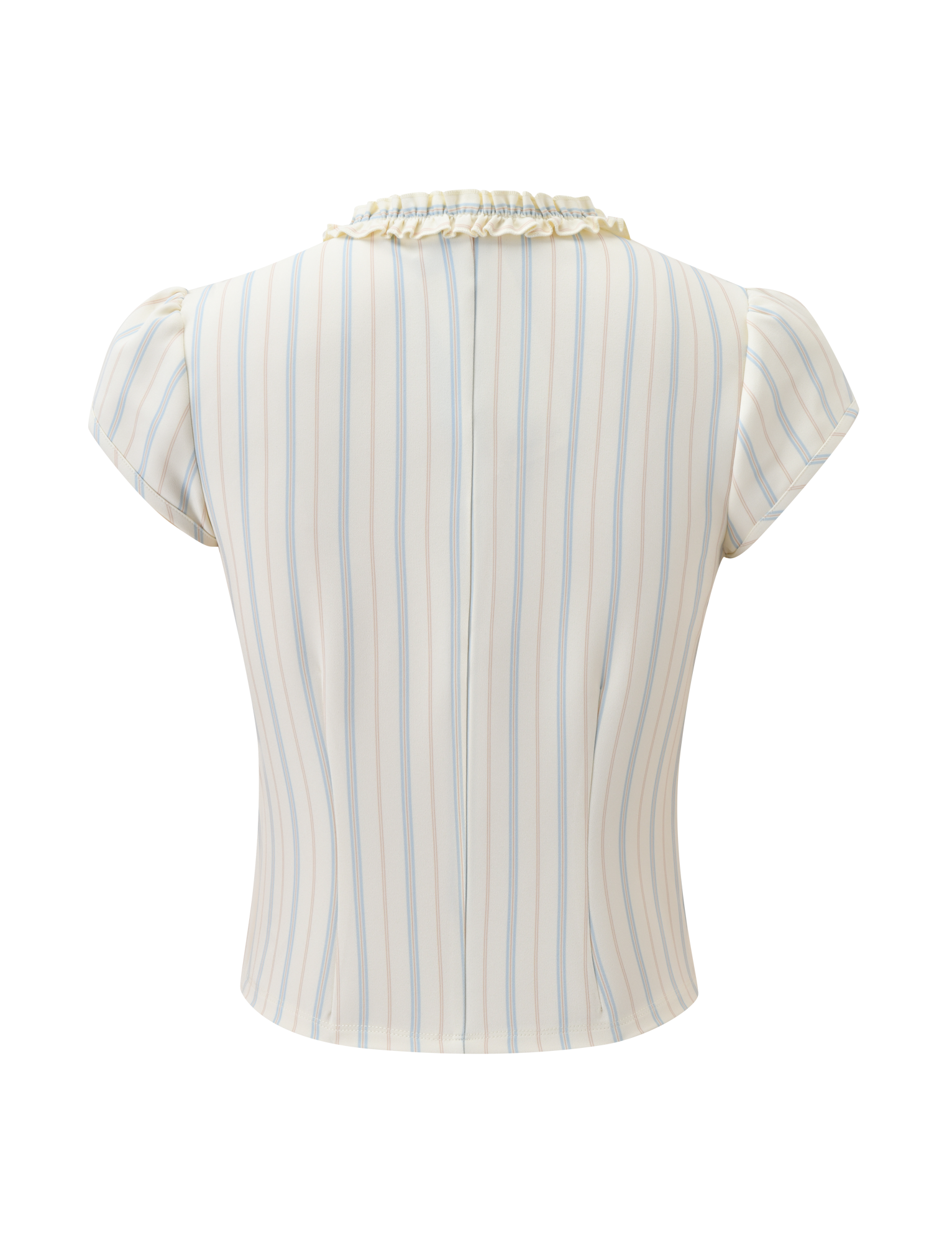 Back view of the TIGERMIST VALERIE RUFFLE TOP - STRIPE, a short-sleeved cream top with light blue and beige vertical pinstripes and a ruffled collar.
