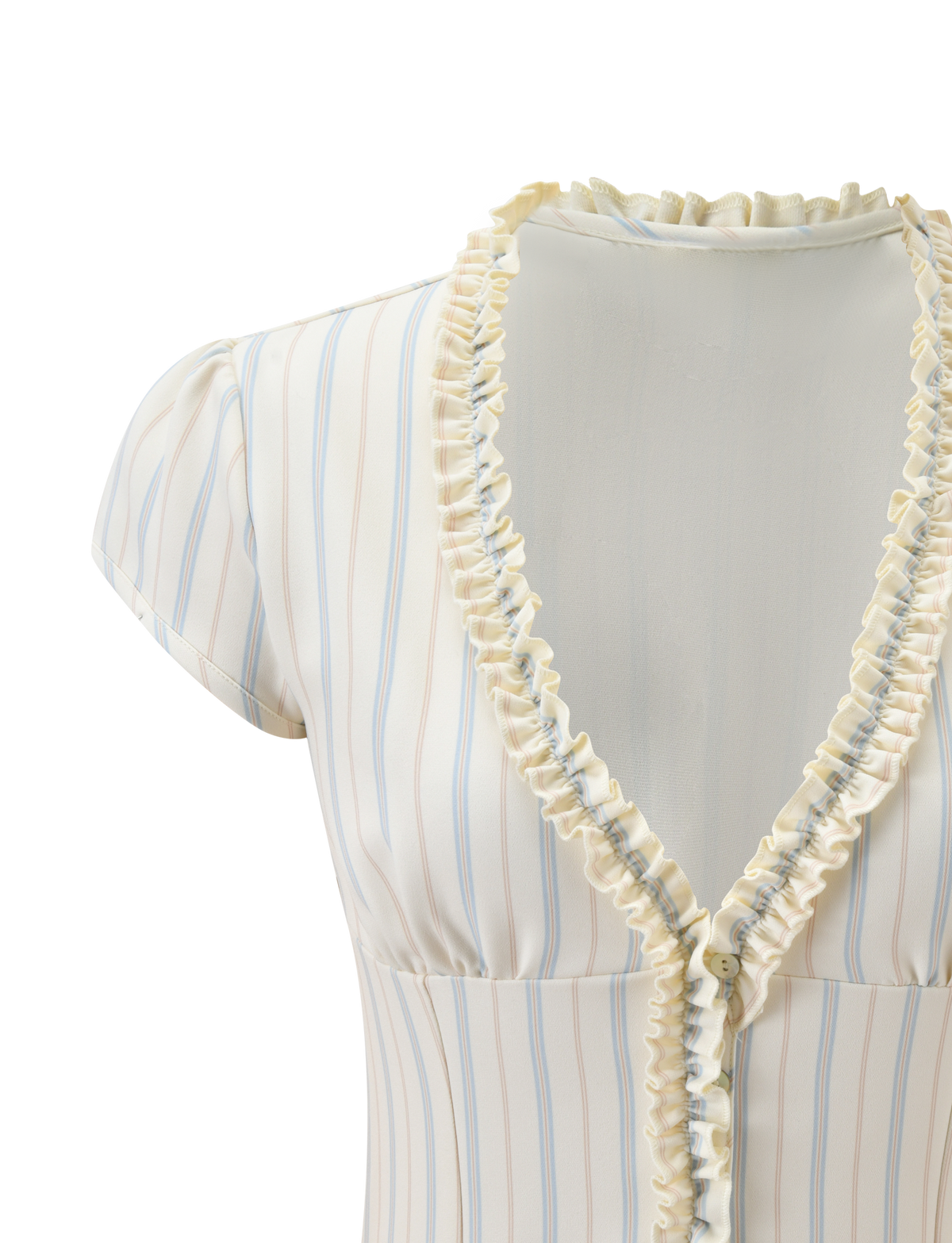 Close-up of the TIGERMIST VALERIE RUFFLE TOP - STRIPE, a short-sleeve, cream top with vertical blue and tan pinstripes, ruffled v-neckline, front buttons, and lightweight, slightly sheer fabric.