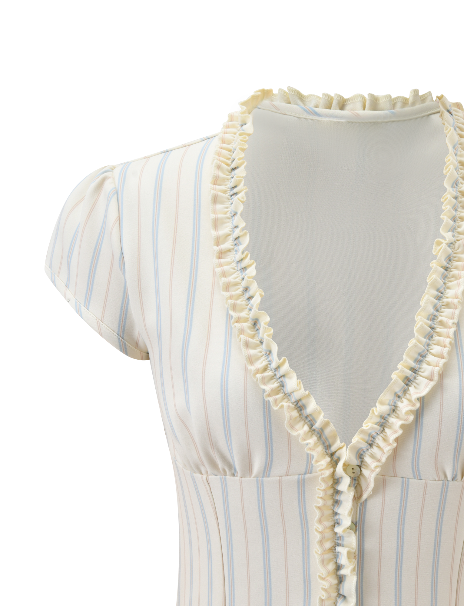 Close-up of the TIGERMIST VALERIE RUFFLE TOP - STRIPE, a short-sleeve, cream top with vertical blue and tan pinstripes, ruffled v-neckline, front buttons, and lightweight, slightly sheer fabric.