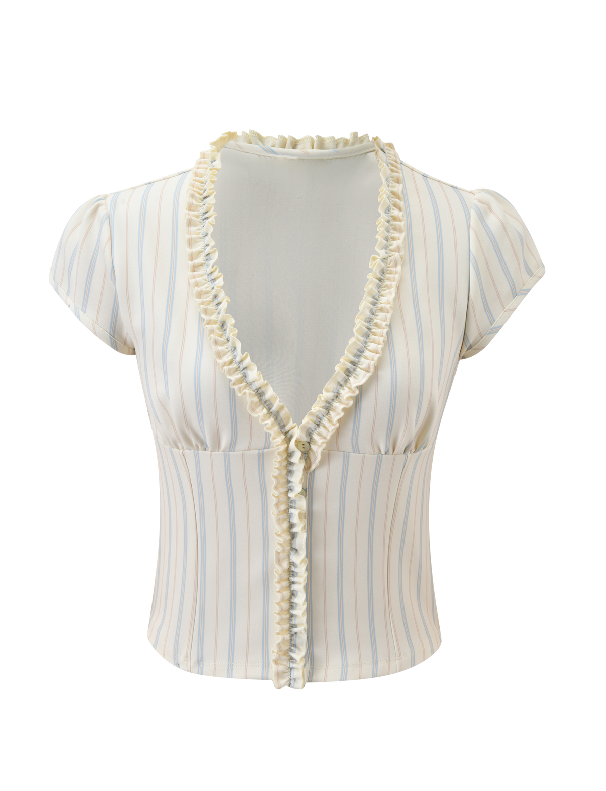 The TIGERMIST VALERIE RUFFLE TOP - STRIPE is a fitted, short-sleeved pinstripe top with light blue and tan vertical stripes, a deep V-neckline, ruffled trim on the collar and front, and center buttons.