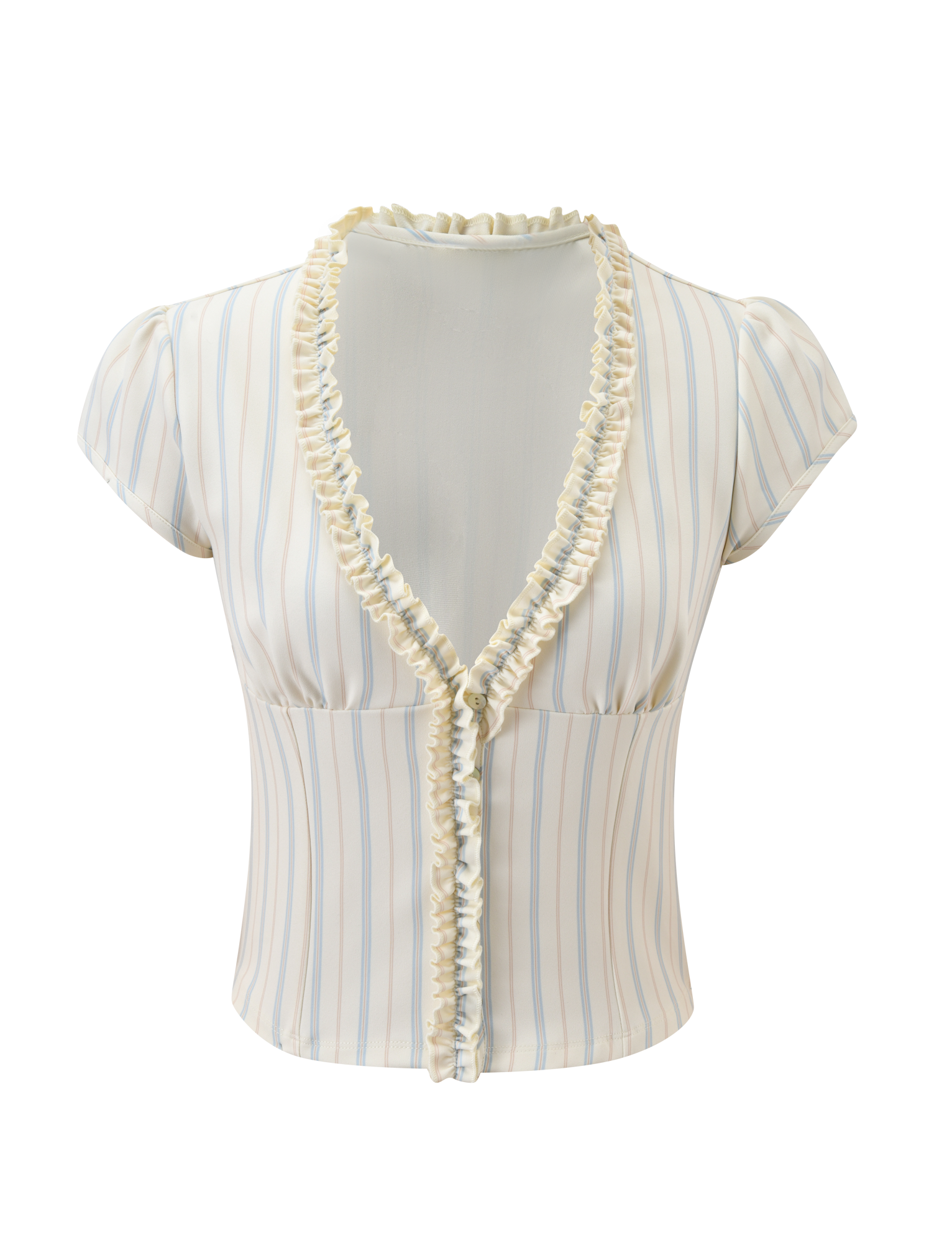 The TIGERMIST VALERIE RUFFLE TOP - STRIPE is a fitted, short-sleeved pinstripe top with light blue and tan vertical stripes, a deep V-neckline, ruffled trim on the collar and front, and center buttons.