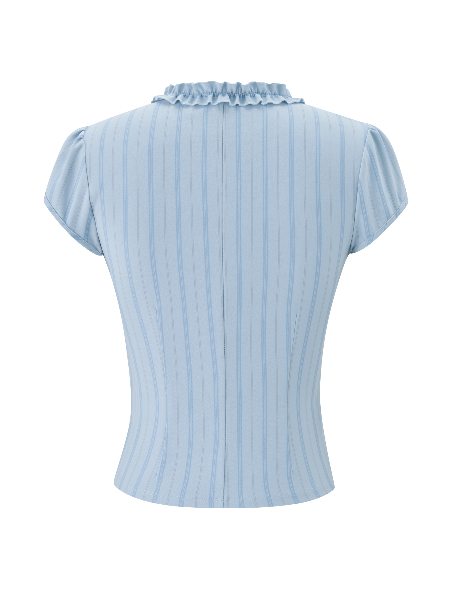 The VALERIE RUFFLE TOP - BLUE STRIPE by TIGERMIST features light blue pinstripes, short sleeves, shell buttons, a fitted silhouette, and a ruffled collar, displayed from the back against a plain white background.