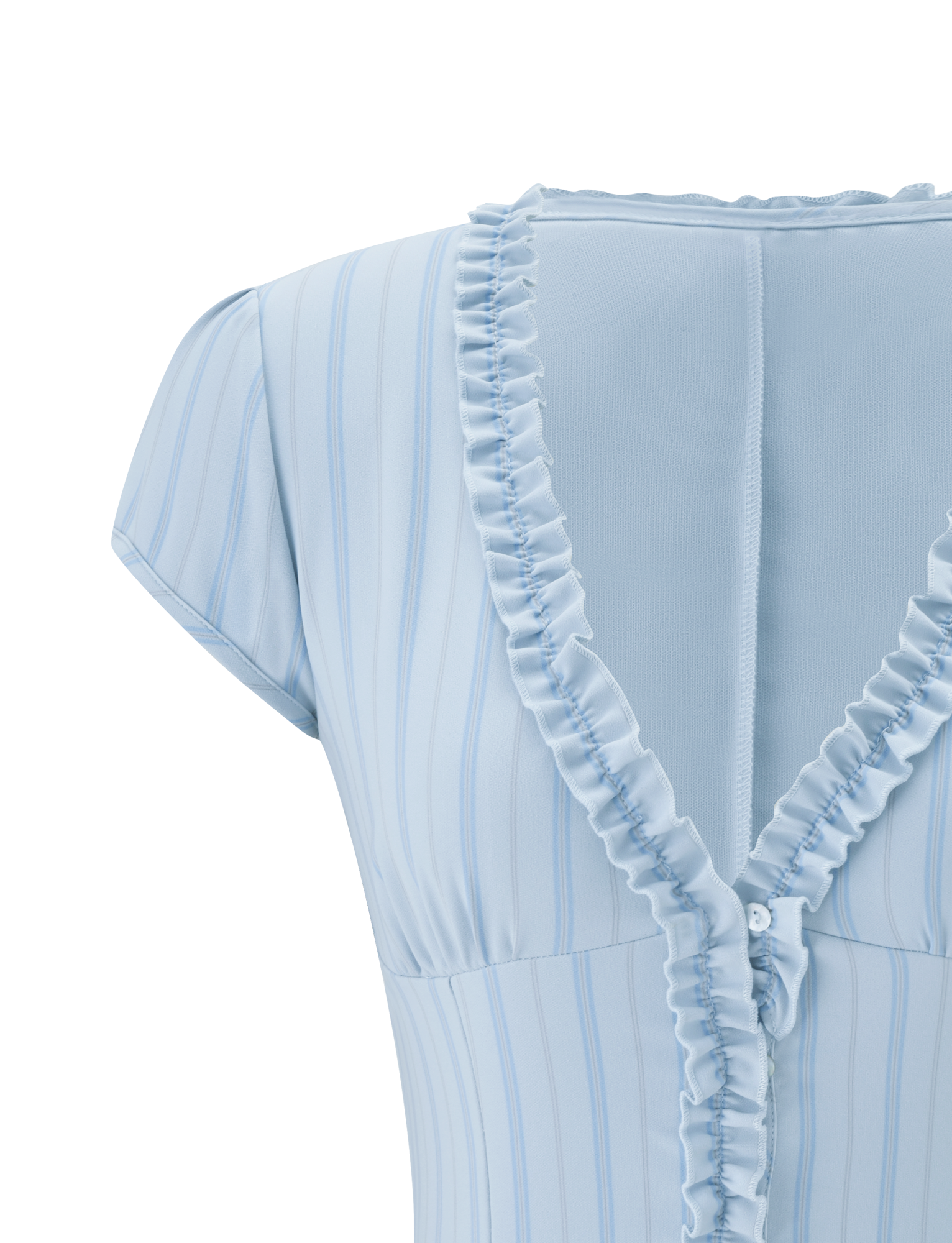 Close-up of the VALERIE RUFFLE TOP - BLUE STRIPE by TIGERMIST, featuring short sleeves, a ruffled V-neckline, shell buttons, and soft pinstripe fabric for a delicate, charming look.